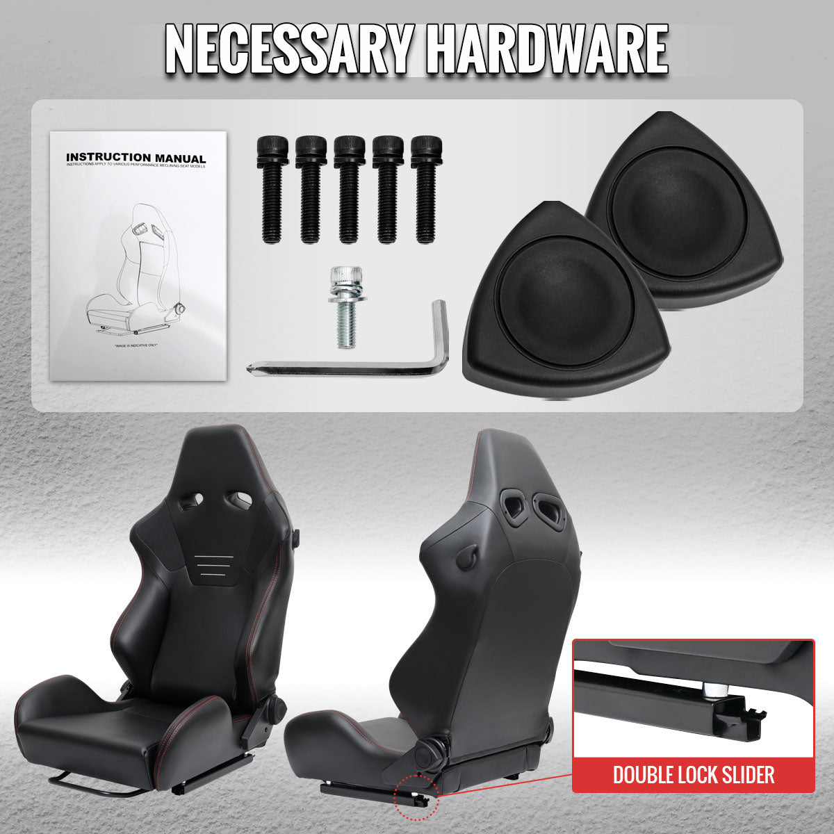 Universal Fully Reclinable Black PU Leather Bucket Racing Seat w/ Sliders - Single Seat