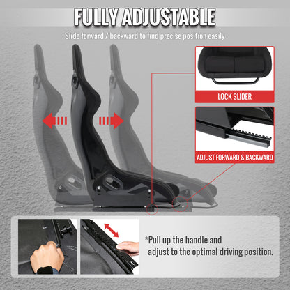 Universal Fixed-Back Black Suede Red Stitch Bucket Racing Seat w/ Sliders - Single Seat
