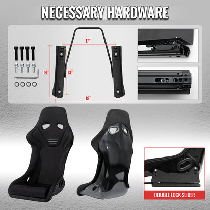 Universal Fixed-Back Black Suede Red Stitch Bucket Racing Seat w/ Sliders - Single Seat