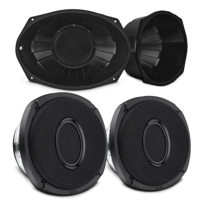 6x9” Hybrid Motorcycle Speaker Bundle – Slim 2-Way Loudspeakers + Sealed ABS Baffles (Pair) | IP65 Water-Resistant, High Output