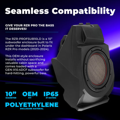 Polaris RZR Pro (2020–2024) Under-Dash 10” Subwoofer Enclosure – Loaded GEN-X10.4DCF | 600W RMS, Dual 4 Ohm | IP65 Water-Resistant