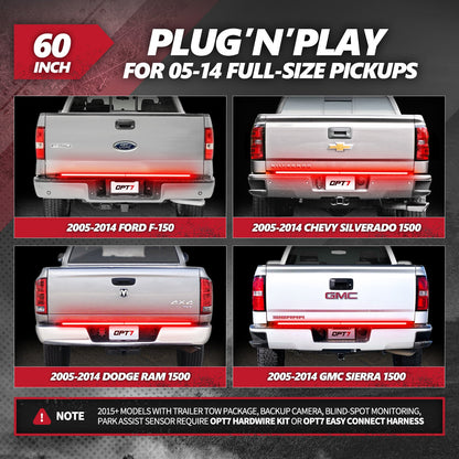 OPT7 Redline Parlux Triple Tailgate Light Bar 60" Bundle for Ford F150 15-20 with Blind Spot Easy Connect Harness