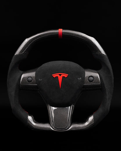 TESLA MODEL 3 / Y ALCANTARA FLAT BOTTOM SUPERNOVA GLOSS CARBON STEERING WHEEL