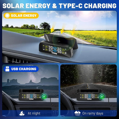Solar Tire Pressure Monitoring System with 4 External Sensors | Real Time TPMS for Car RV SUV MPV Truck