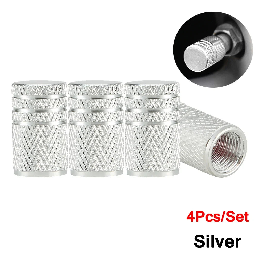DSYCAR 4Pcs Silver Aluminum Knurling Tire Valve Stem Caps | US Schrader Compatible