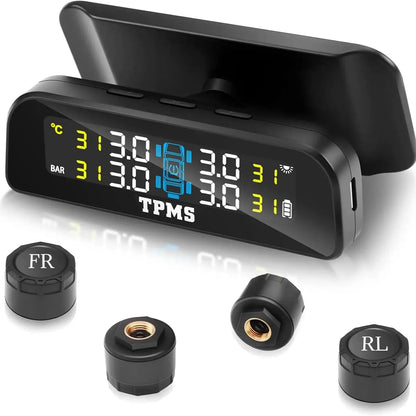 Solar Tire Pressure Monitoring System with 4 External Sensors | Real Time TPMS for Car RV SUV MPV Truck