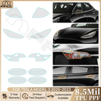 Precut PPF for Tesla Model 3 (2020–2023) | TPU Headlight, Mirror, Door Handle & Tail Light Film