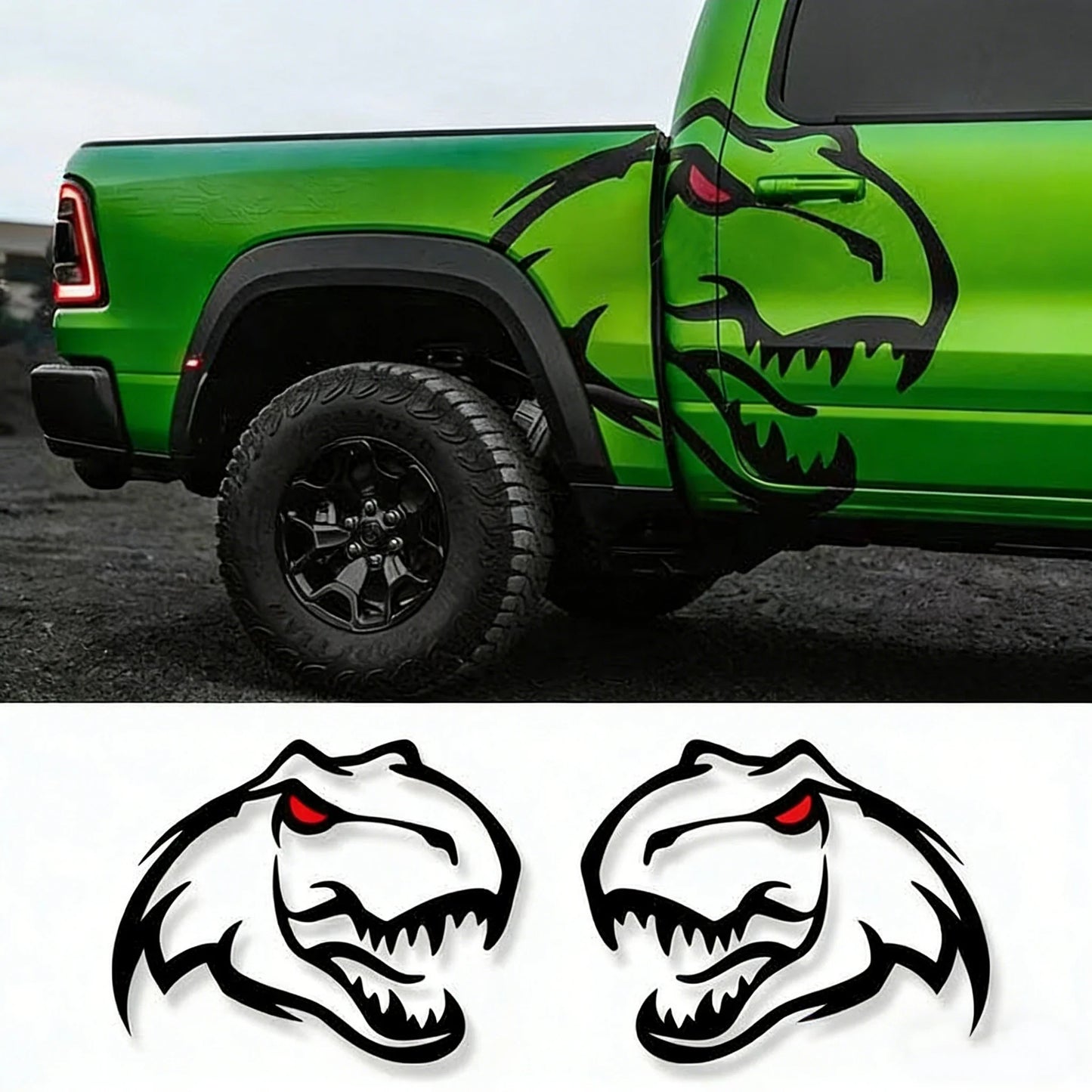 Ferocious Dinosaur Head Body Decal – Large Format Vinyl Sticker for Dodge Challenger & RAM TRX | Both Sides, Black