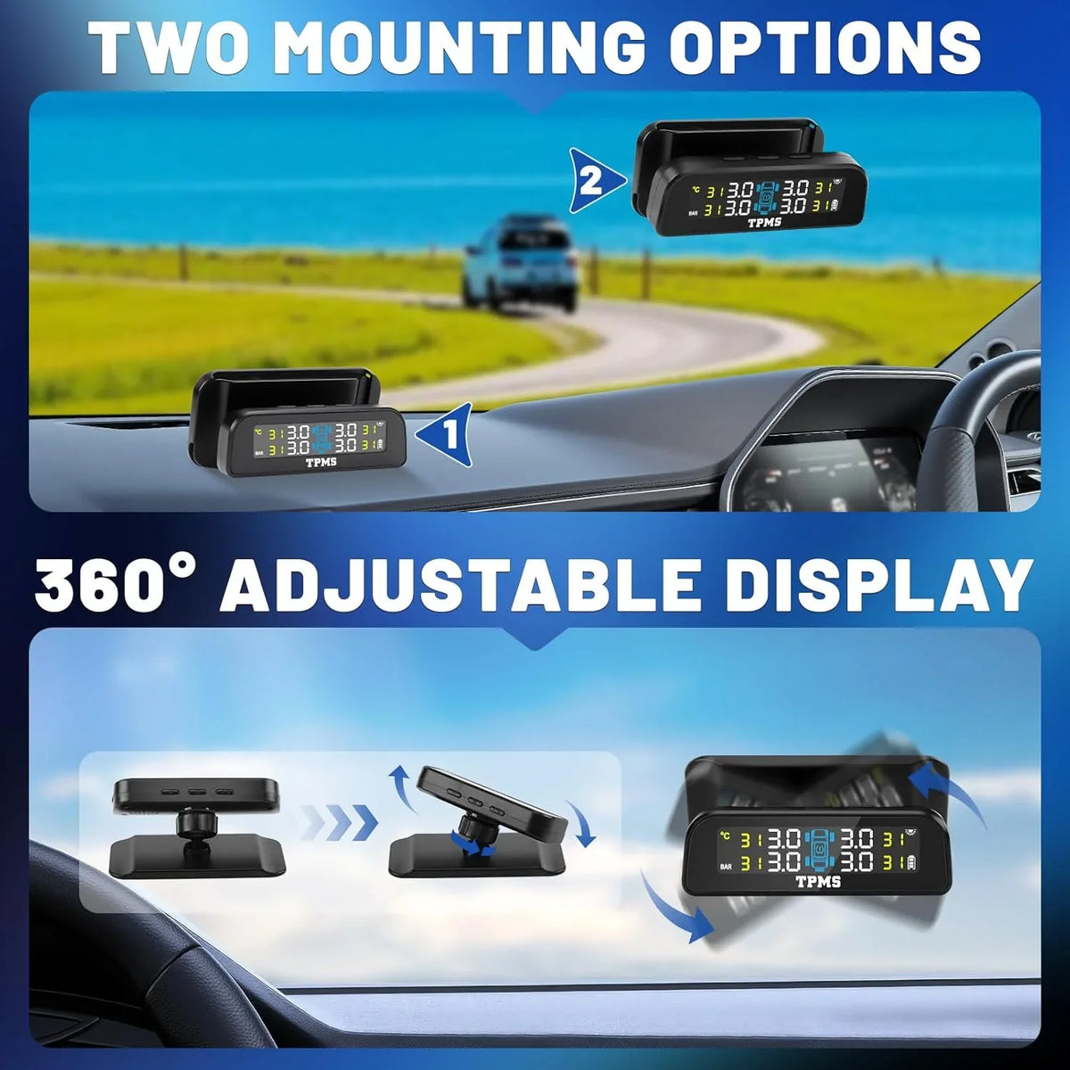Solar Tire Pressure Monitoring System with 4 External Sensors | Real Time TPMS for Car RV SUV MPV Truck