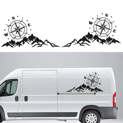Mountain Adventurers Compass Graphic Decal | 2-Piece Vinyl Sticker for RV, Camper, Truck & Car