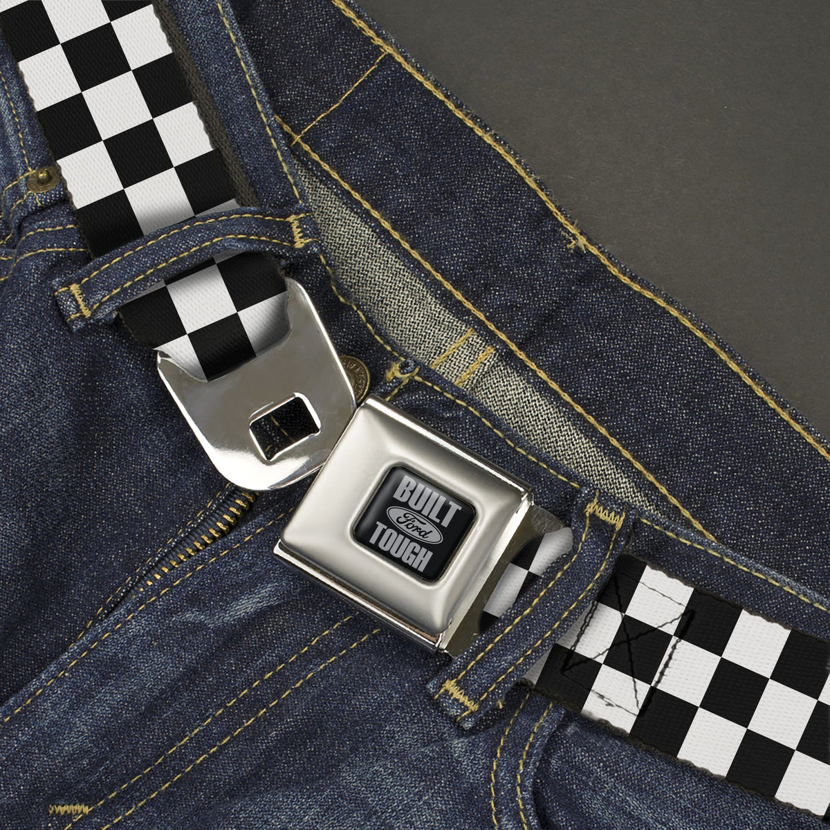 Built Ford Tough Seatbelt Belt - Checker Black/White Webbing