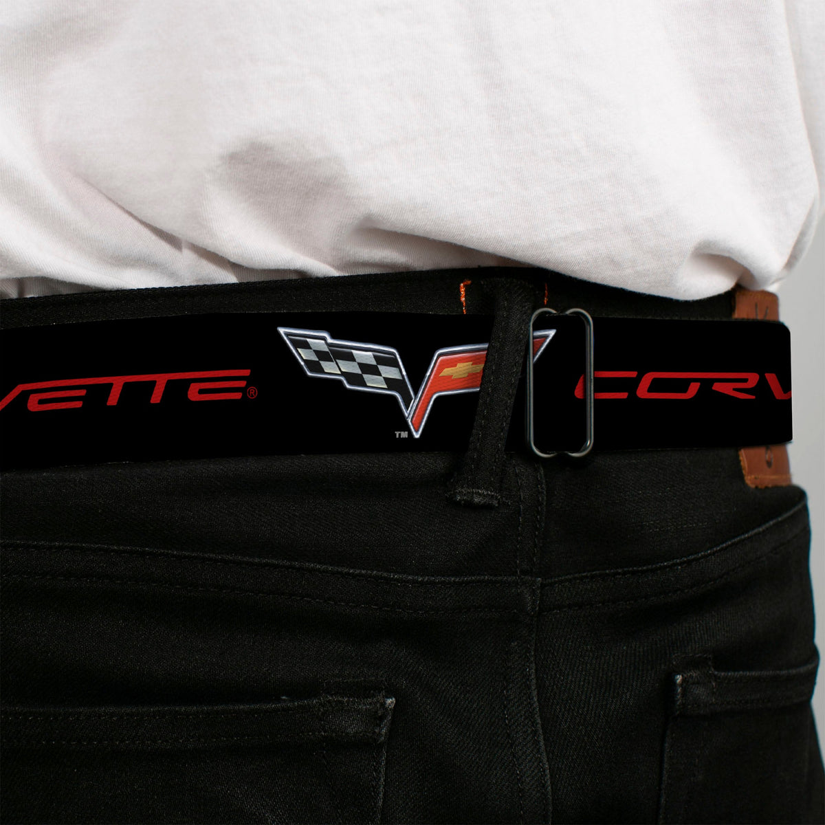 C6 Full Color Seatbelt Belt - C6 Logo/CORVETTE Black/Red Webbing