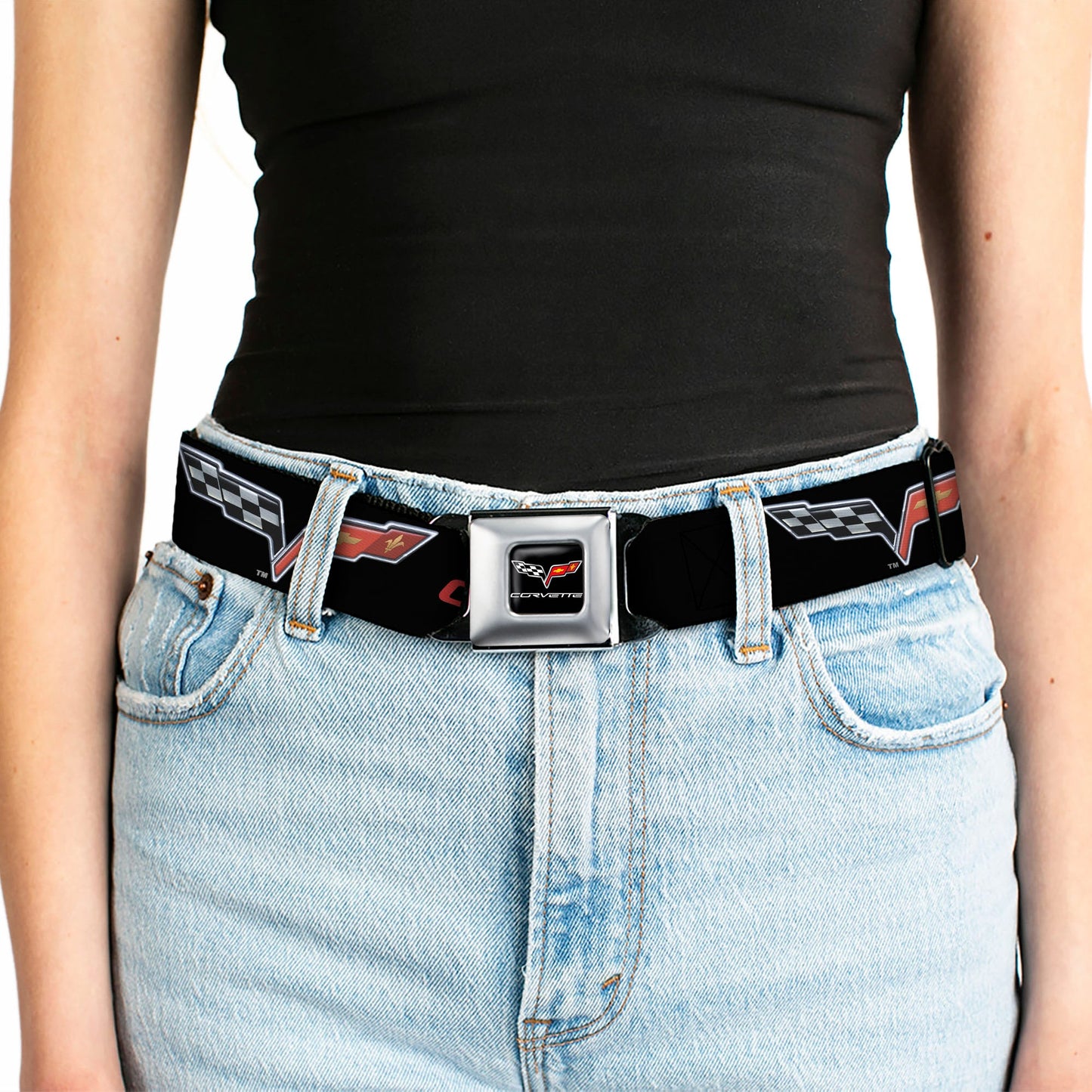 C6 Full Color Seatbelt Belt - C6 Logo/CORVETTE Black/Red Webbing