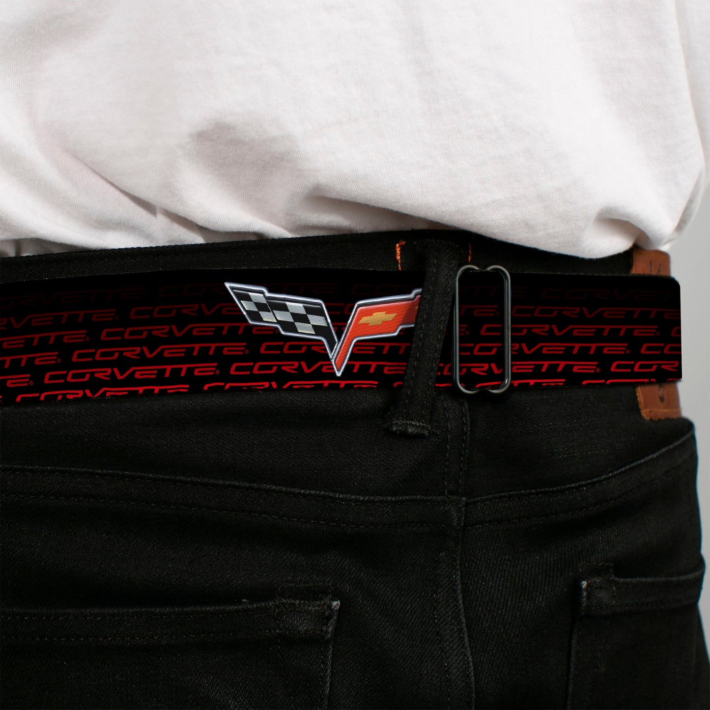 C6 Full Color Seatbelt Belt - C6 Logo/CORVETTE Repeat Black/Red Ombre Webbing