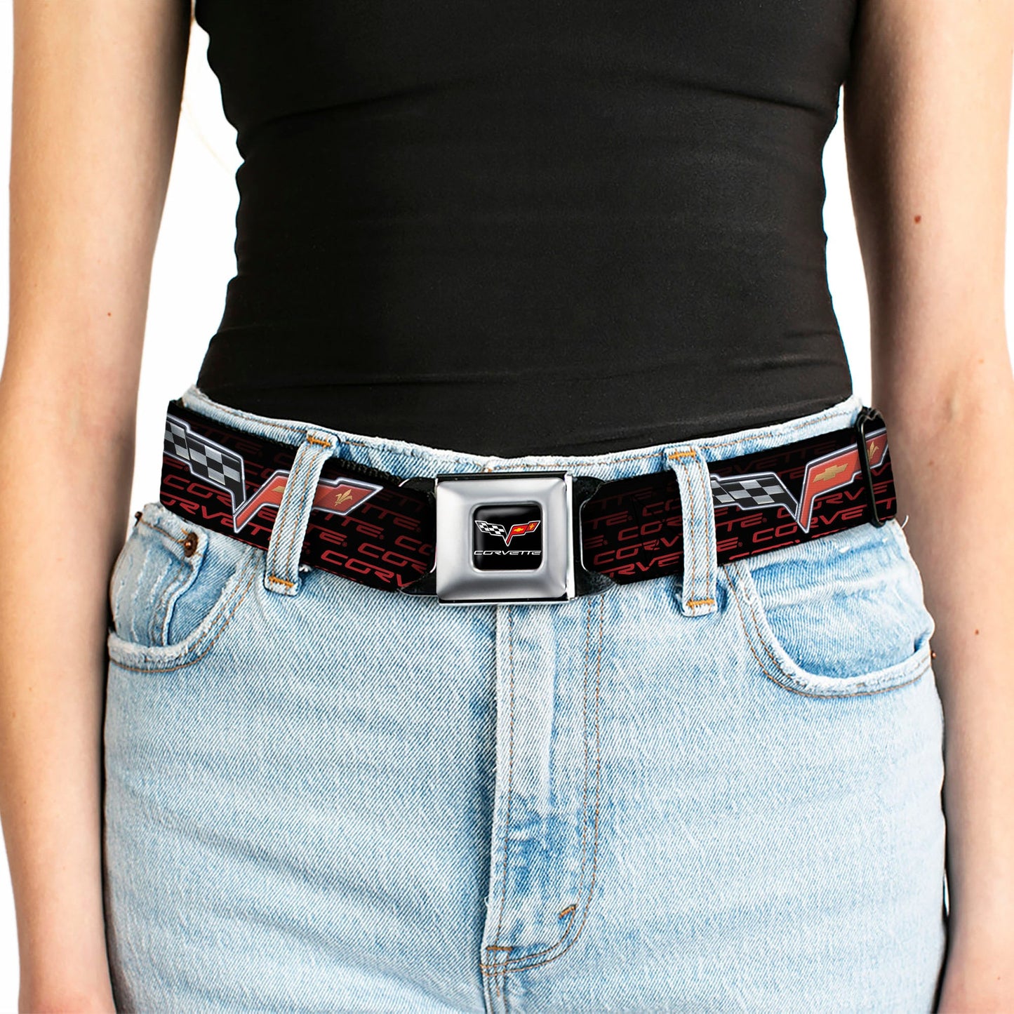C6 Full Color Seatbelt Belt - C6 Logo/CORVETTE Repeat Black/Red Ombre Webbing