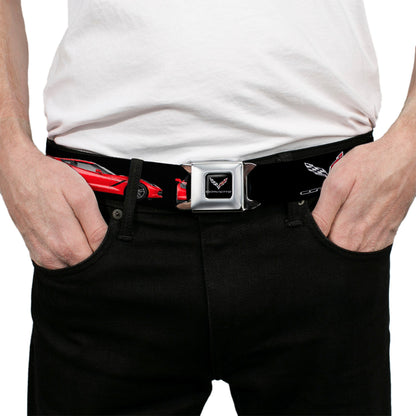C7 Full Color Black Seatbelt Belt - C7 Logo/Red C7 Side/Front/Rear Views Black Webbing