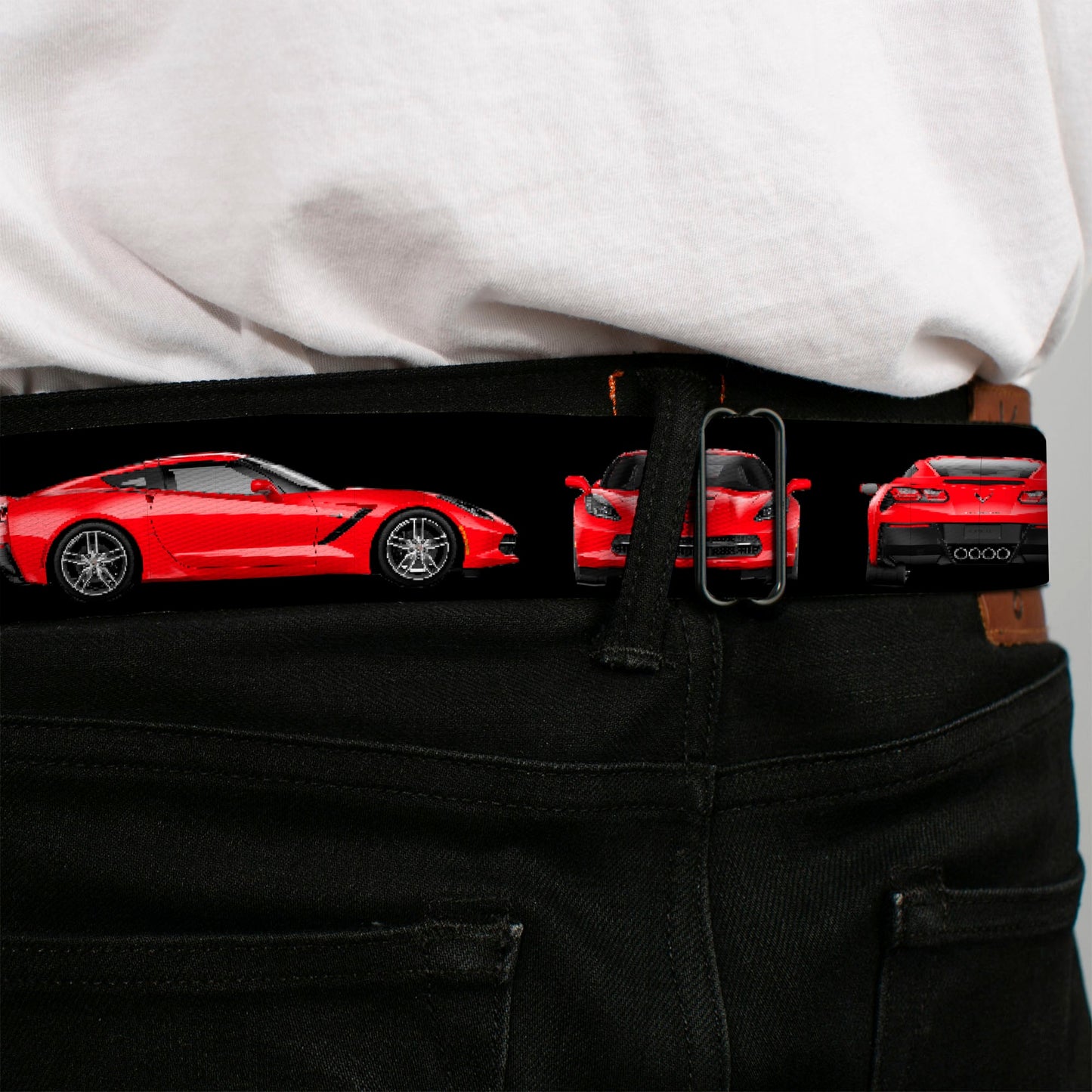 C7 Full Color Black Seatbelt Belt - C7 Logo/Red C7 Side/Front/Rear Views Black Webbing