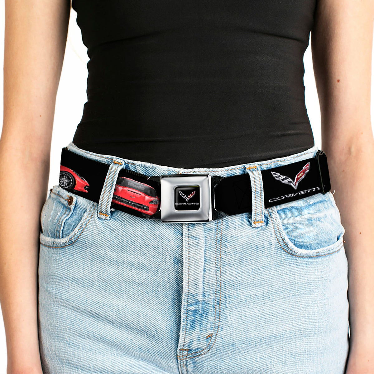 C7 Full Color Black Seatbelt Belt - C7 Logo/Red C7 Side/Front/Rear Views Black Webbing