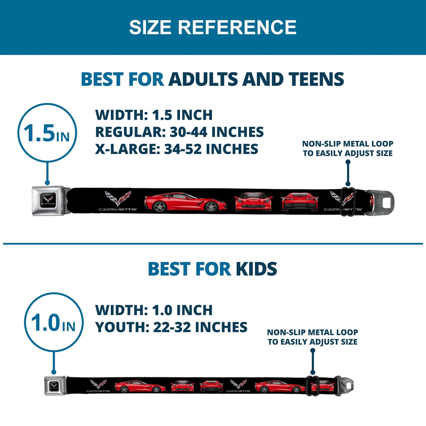 C7 Full Color Black Seatbelt Belt - C7 Logo/Red C7 Side/Front/Rear Views Black Webbing
