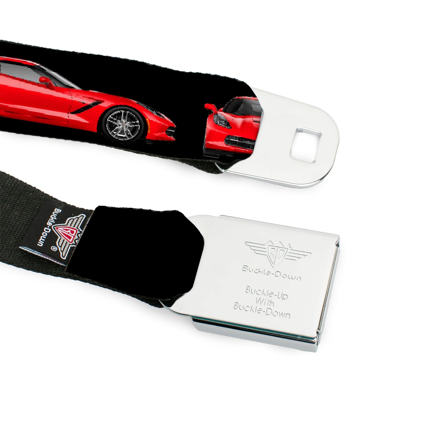 C7 Full Color Black Seatbelt Belt - C7 Logo/Red C7 Side/Front/Rear Views Black Webbing