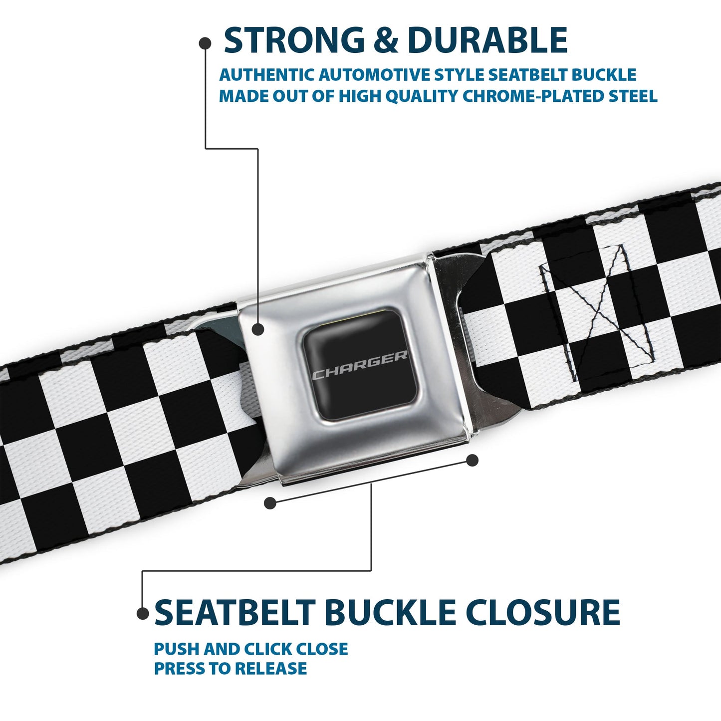 CHARGER Text Seatbelt Belt - Checker Black/White Webbing