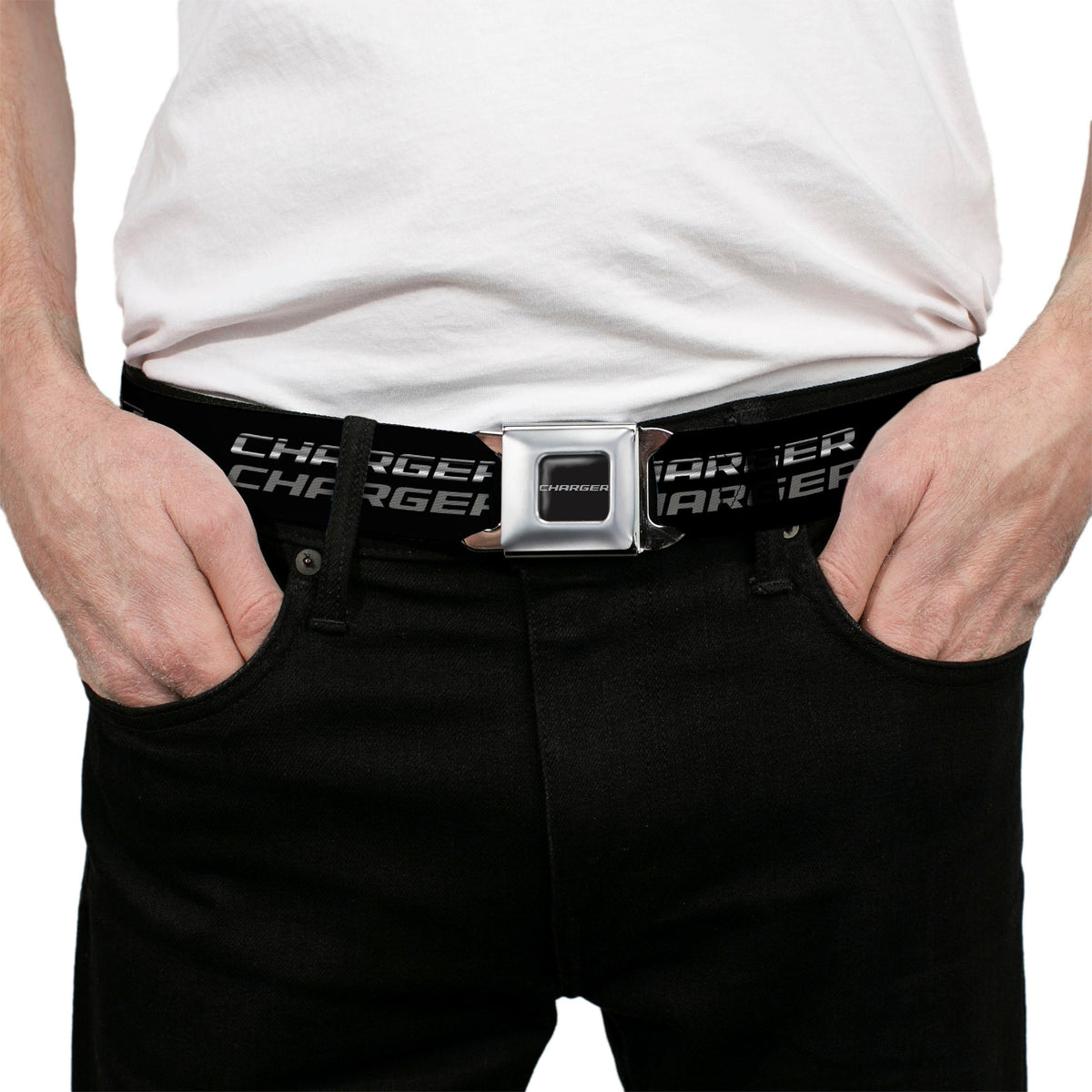 CHARGER Text Seatbelt Belt - CHARGER Double Repeat Black/Gray Webbing