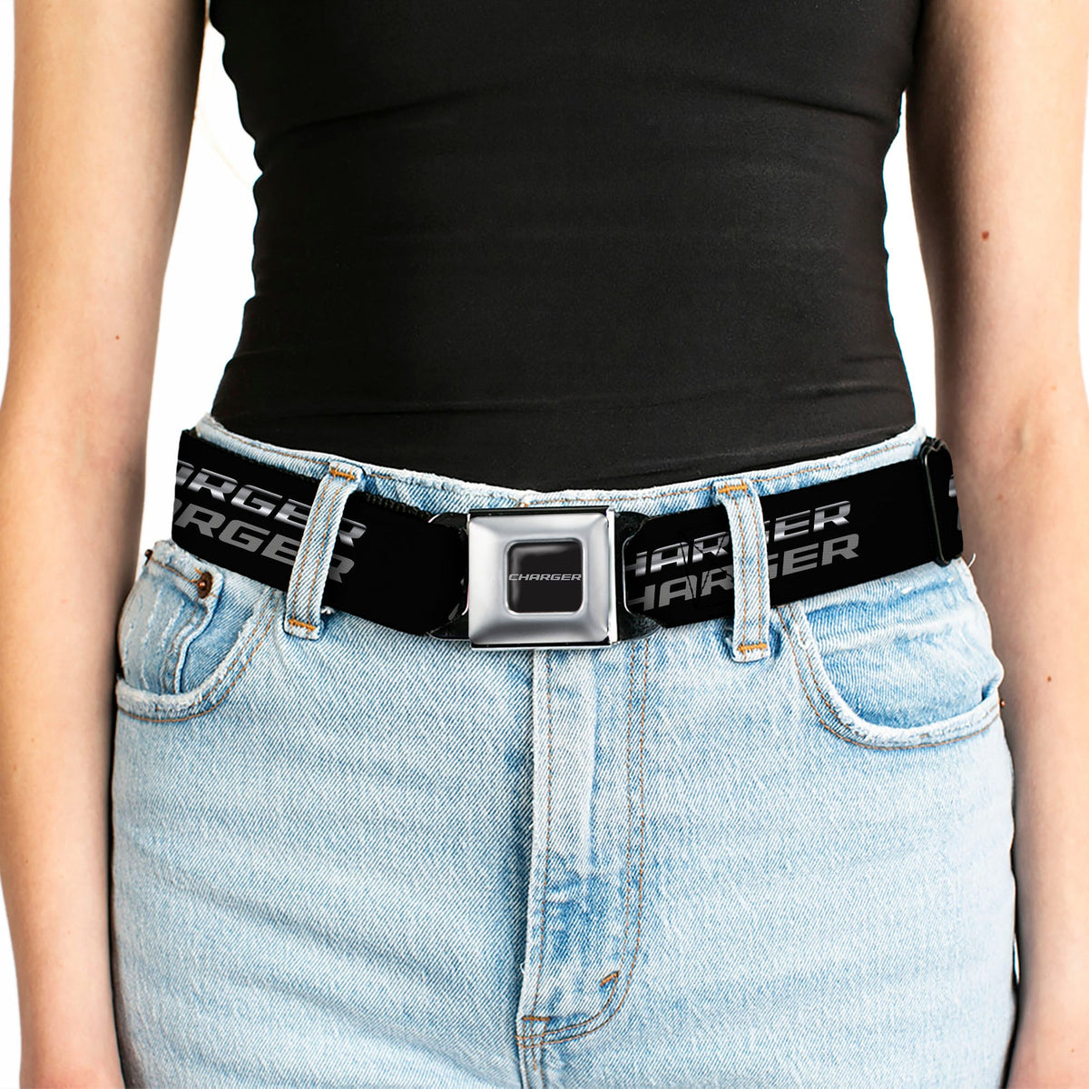 CHARGER Text Seatbelt Belt - CHARGER Double Repeat Black/Gray Webbing