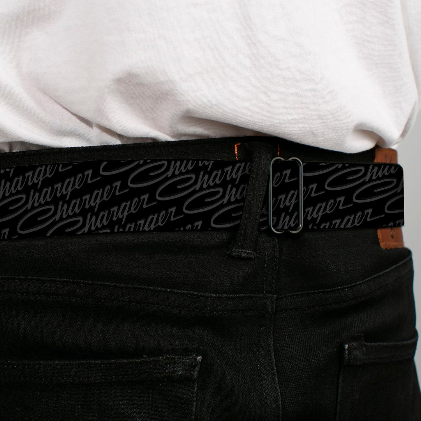 CHARGER Script Emblem Corner Full Color Black Silver Fade White Seatbelt Belt - CHARGER Script Emblem Repeat Black/Grays Webbing