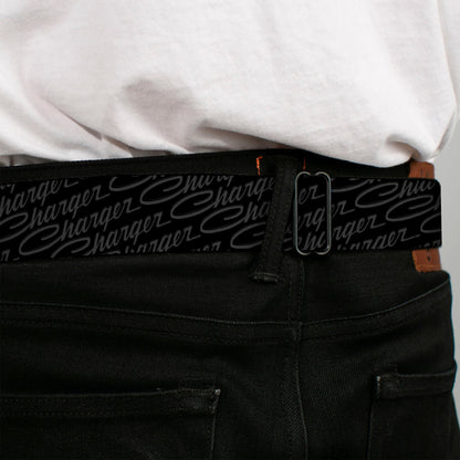 CHARGER Script Emblem Corner Full Color Black Silver Fade White Seatbelt Belt - CHARGER Script Emblem Repeat Black/Grays Webbing