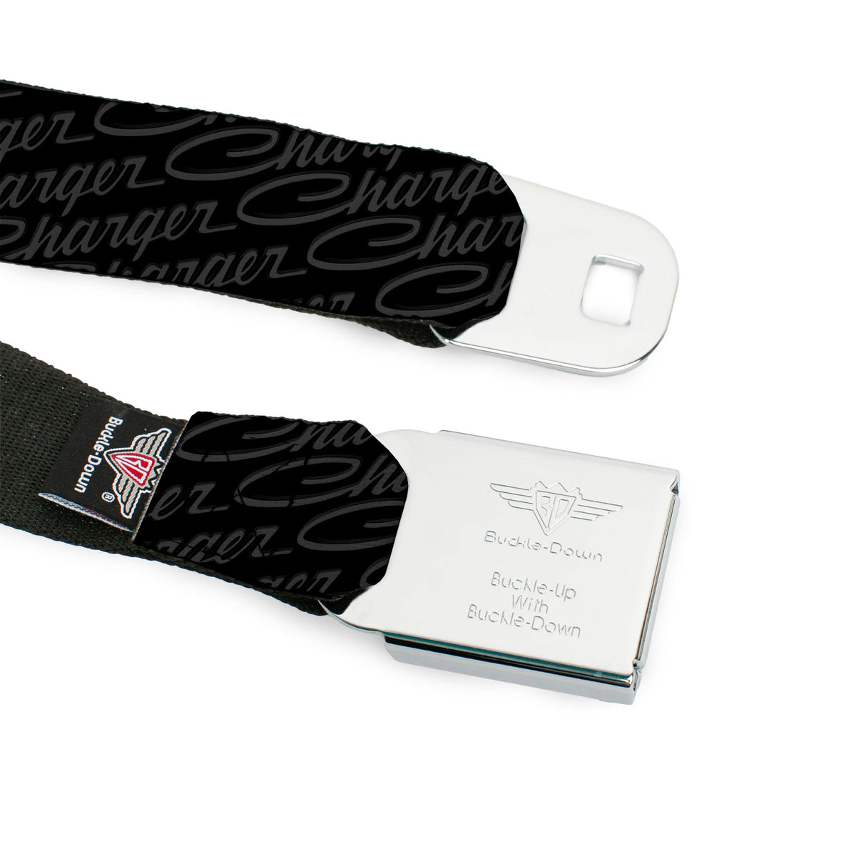 CHARGER Script Emblem Corner Full Color Black Silver Fade White Seatbelt Belt - CHARGER Script Emblem Repeat Black/Grays Webbing