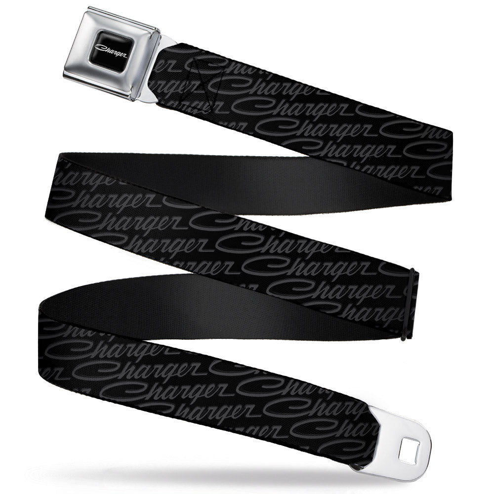 CHARGER Script Emblem Corner Full Color Black Silver Fade White Seatbelt Belt - CHARGER Script Emblem Repeat Black/Grays Webbing