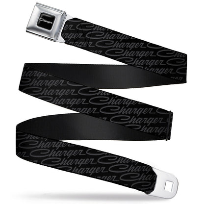CHARGER Script Emblem Corner Full Color Black Silver Fade White Seatbelt Belt - CHARGER Script Emblem Repeat Black/Grays Webbing