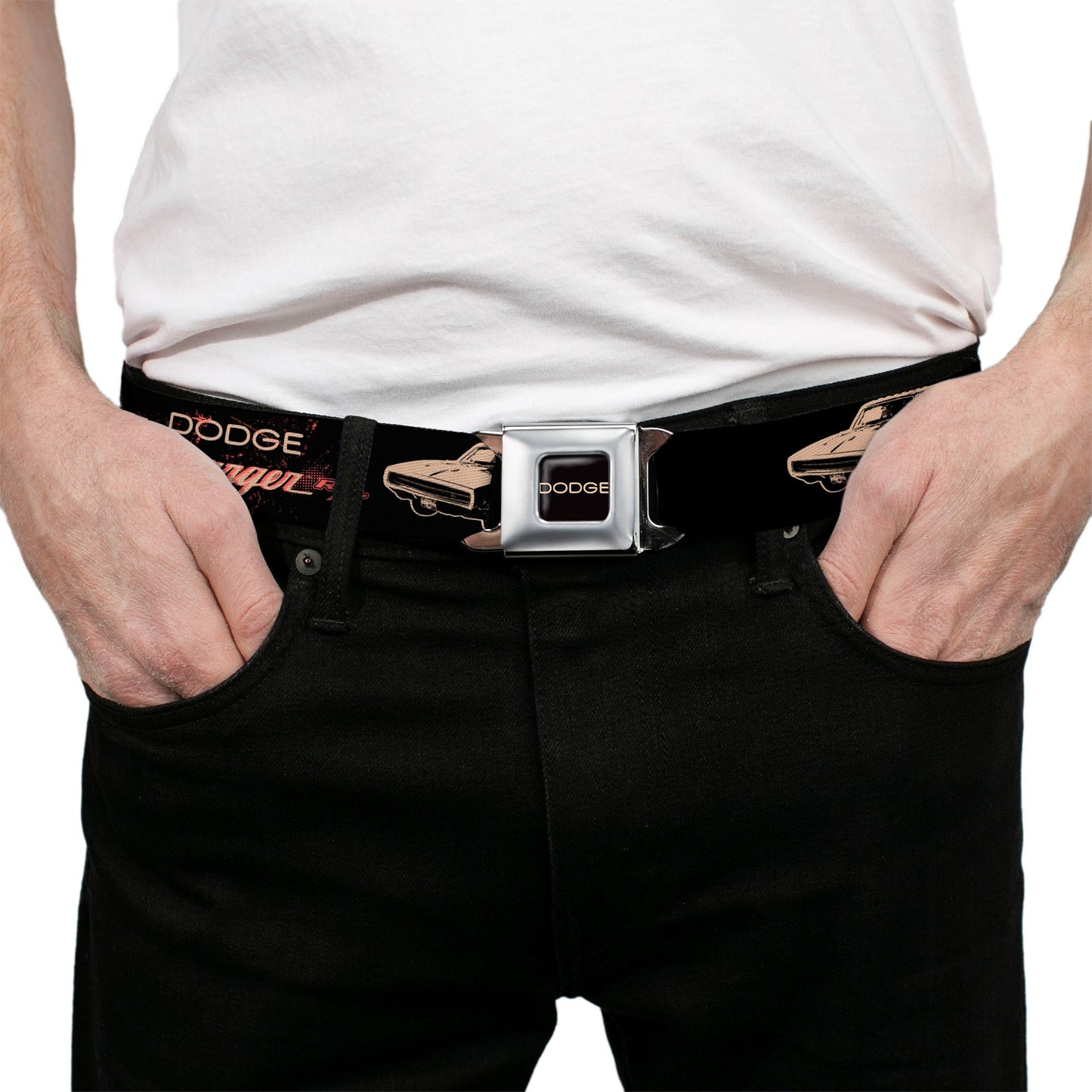 DODGE Text Full Color Black/Tan Seatbelt Belt - DODGE CHARGER R/T Profile Black/Beige/Red Webbing