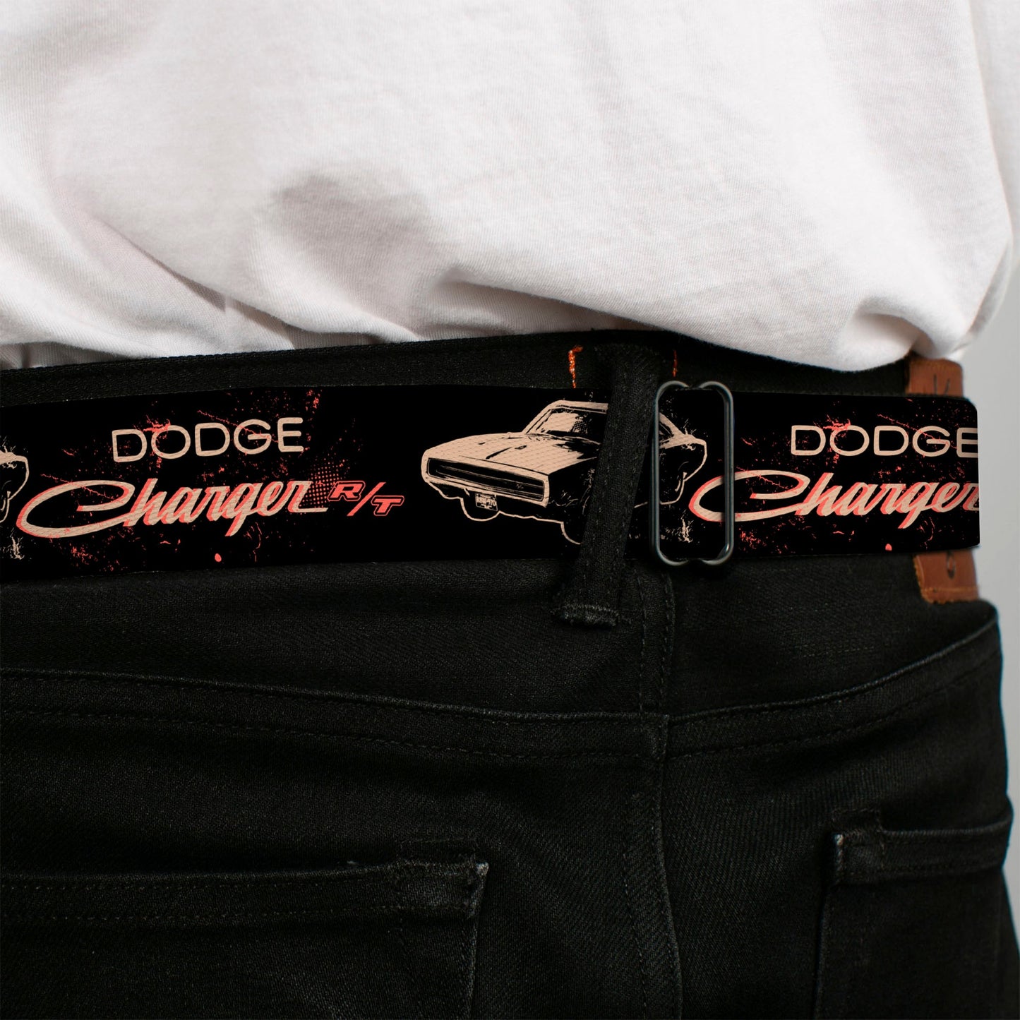 DODGE Text Full Color Black/Tan Seatbelt Belt - DODGE CHARGER R/T Profile Black/Beige/Red Webbing