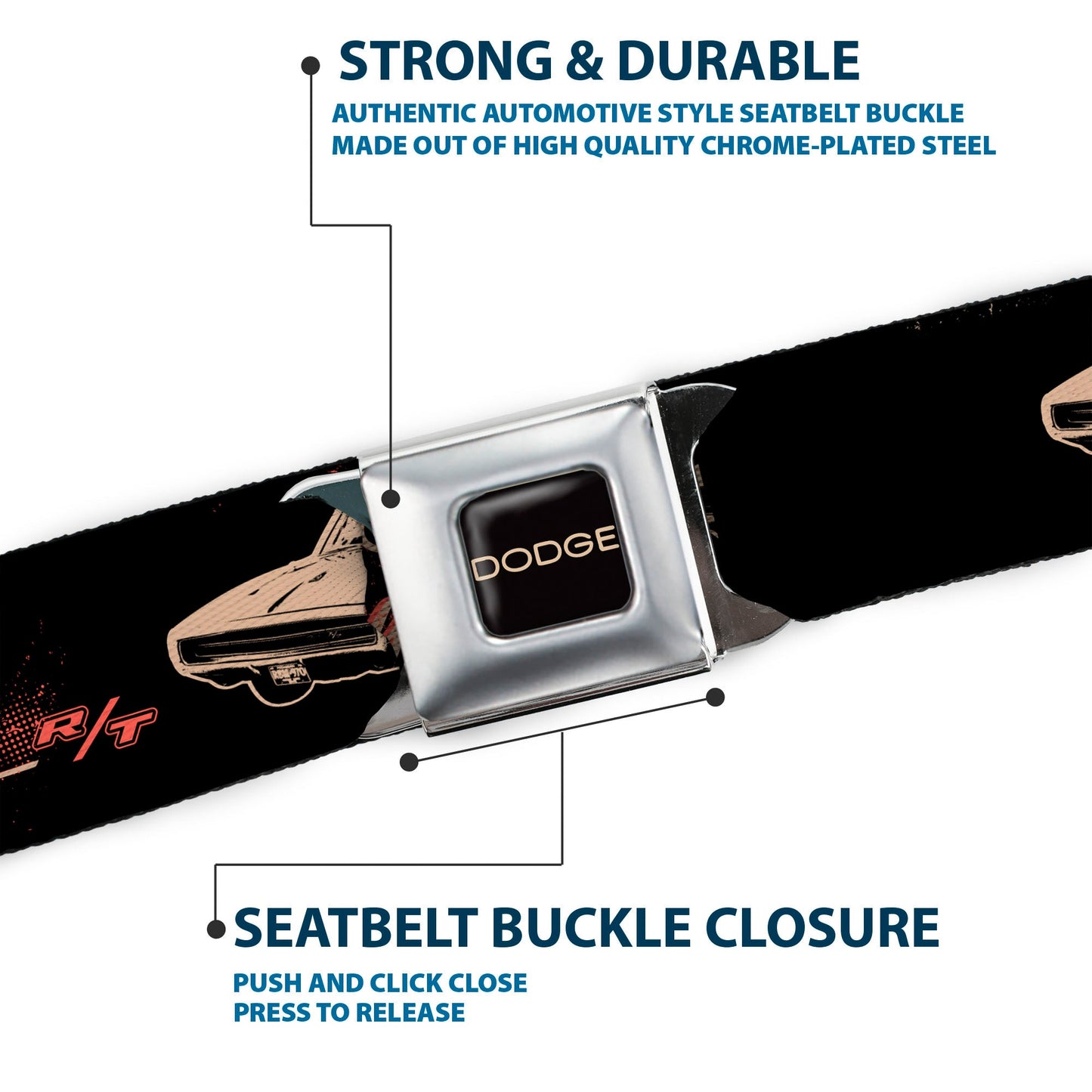 DODGE Text Full Color Black/Tan Seatbelt Belt - DODGE CHARGER R/T Profile Black/Beige/Red Webbing