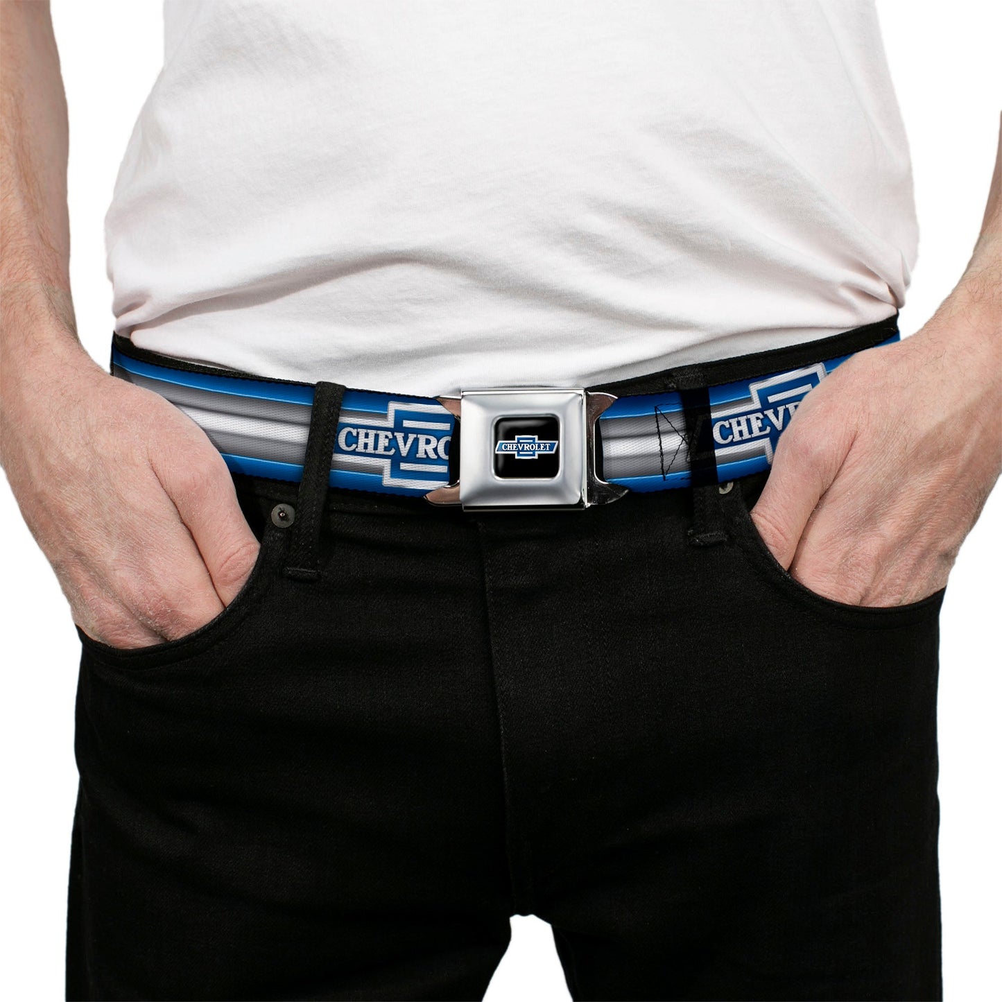 1929 Chevrolet Bowtie Logo Full Color Black Silver Blue Seatbelt Belt - 1929 Chevrolet Bowtie Logo/Stripe Blue/Silver/Blue Webbing