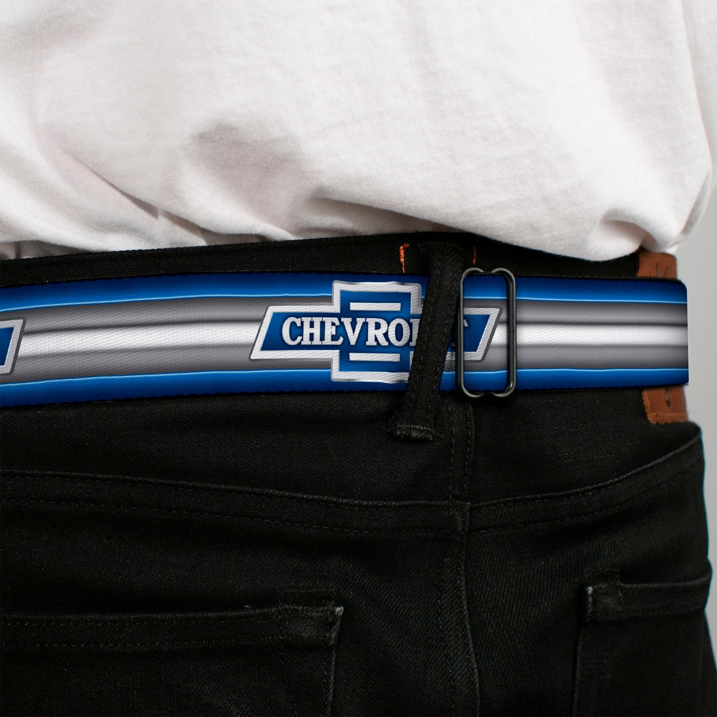 1929 Chevrolet Bowtie Logo Full Color Black Silver Blue Seatbelt Belt - 1929 Chevrolet Bowtie Logo/Stripe Blue/Silver/Blue Webbing