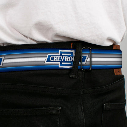 1929 Chevrolet Bowtie Logo Full Color Black Silver Blue Seatbelt Belt - 1929 Chevrolet Bowtie Logo/Stripe Blue/Silver/Blue Webbing