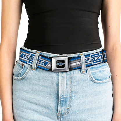 1929 Chevrolet Bowtie Logo Full Color Black Silver Blue Seatbelt Belt - 1929 Chevrolet Bowtie Logo/Stripe Blue/Silver/Blue Webbing
