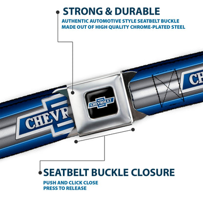 1929 Chevrolet Bowtie Logo Full Color Black Silver Blue Seatbelt Belt - 1929 Chevrolet Bowtie Logo/Stripe Blue/Silver/Blue Webbing