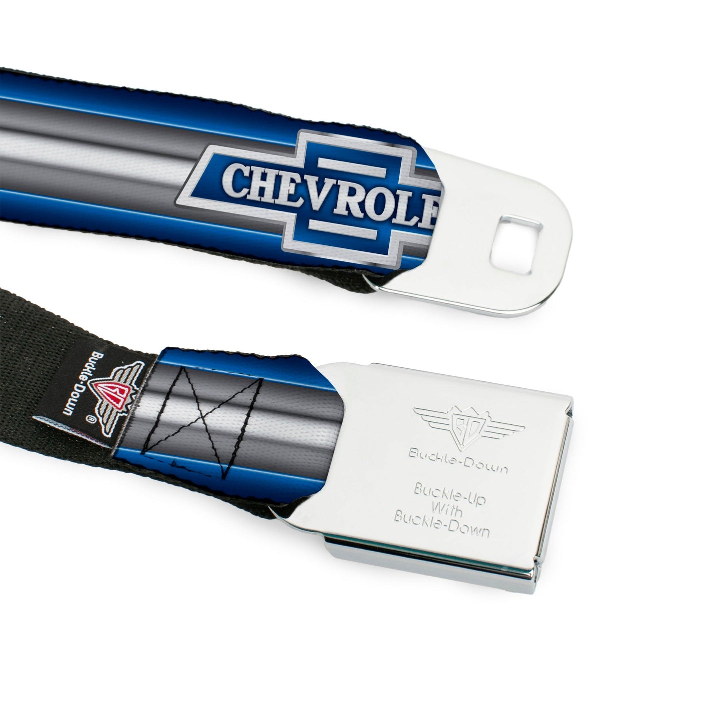 1929 Chevrolet Bowtie Logo Full Color Black Silver Blue Seatbelt Belt - 1929 Chevrolet Bowtie Logo/Stripe Blue/Silver/Blue Webbing