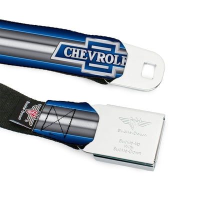 1929 Chevrolet Bowtie Logo Full Color Black Silver Blue Seatbelt Belt - 1929 Chevrolet Bowtie Logo/Stripe Blue/Silver/Blue Webbing