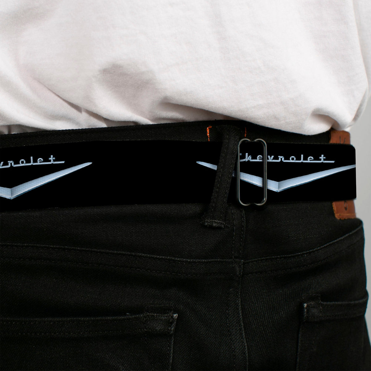 1955-57 CHEVROLET V Emblem Full Color Black Silver Seatbelt Belt - 1955-57 CHEVROLET V Emblem Black/Silver Webbing