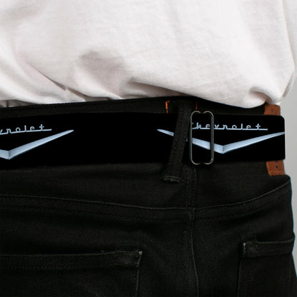 1955-57 CHEVROLET V Emblem Full Color Black Silver Seatbelt Belt - 1955-57 CHEVROLET V Emblem Black/Silver Webbing