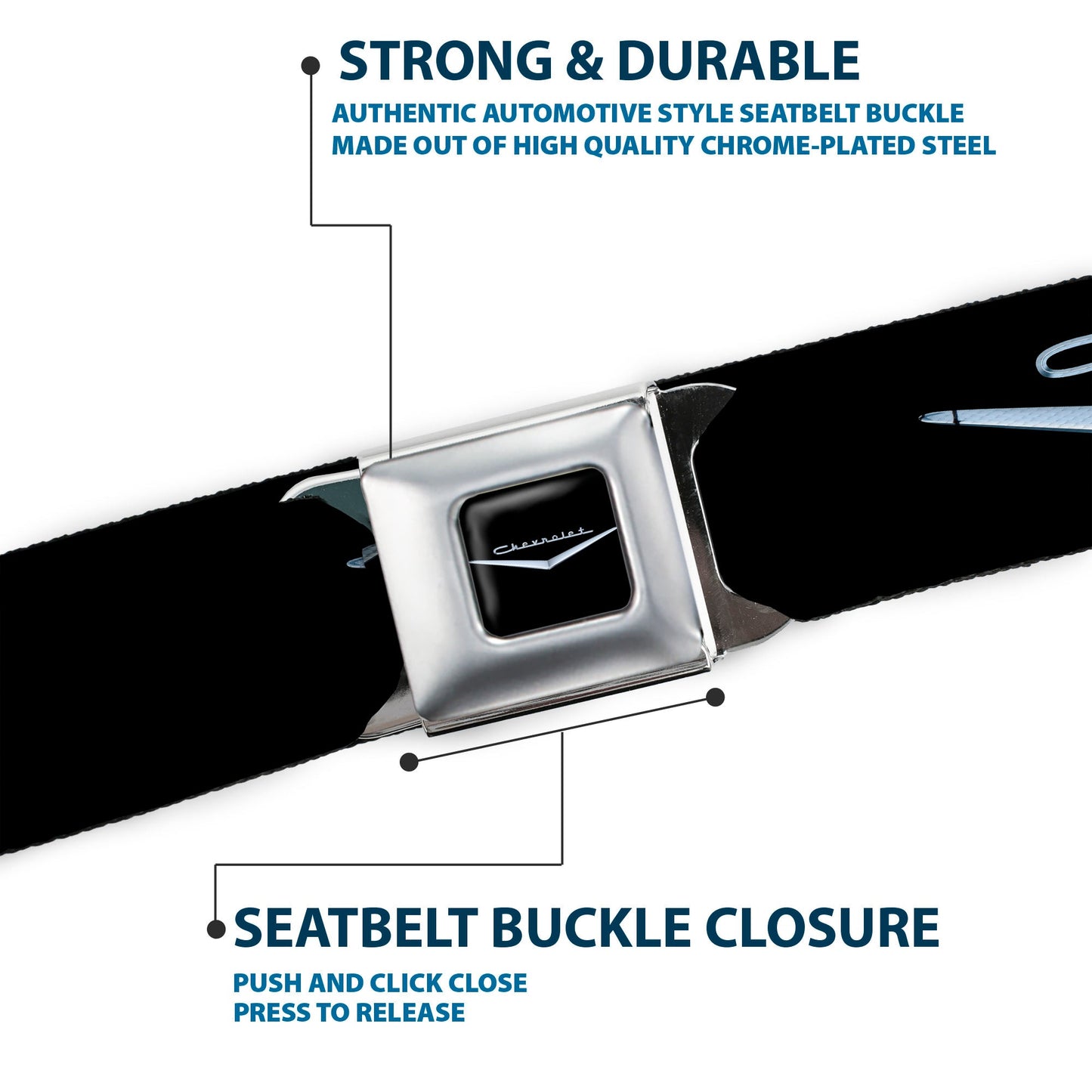 1955-57 CHEVROLET V Emblem Full Color Black Silver Seatbelt Belt - 1955-57 CHEVROLET V Emblem Black/Silver Webbing