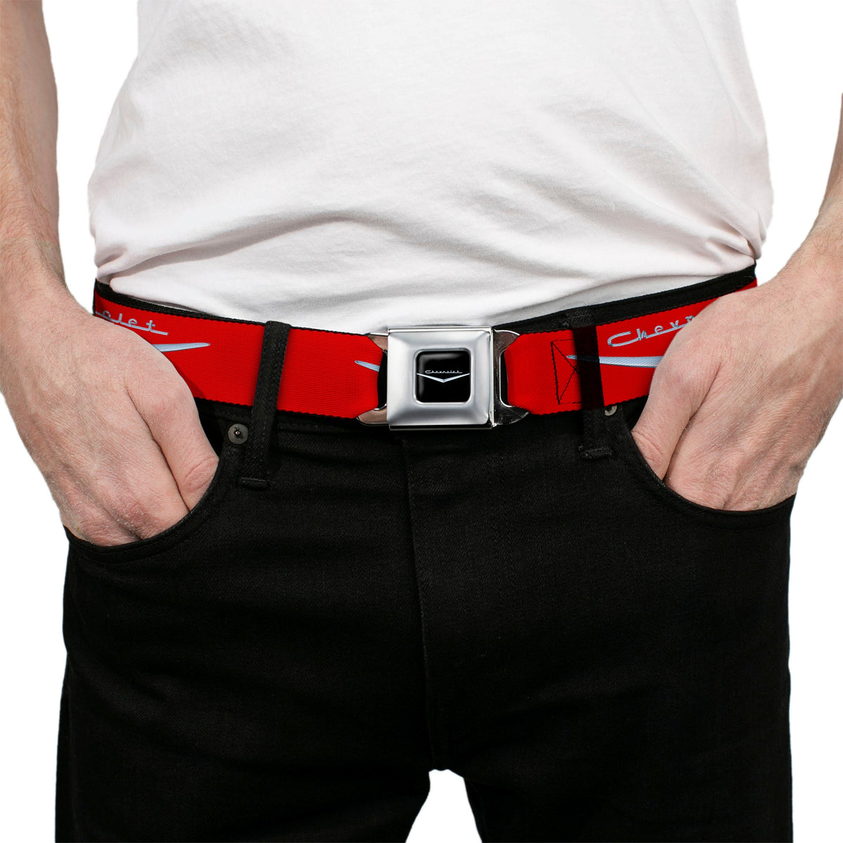 1955-57 CHEVROLET V Emblem Full Color Black Silver Seatbelt Belt - 1955-57 CHEVROLET V Emblem Red/Silver Webbing