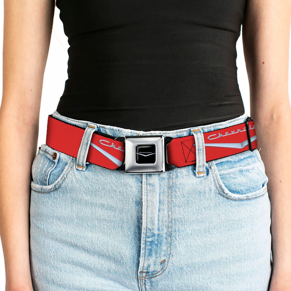 1955-57 CHEVROLET V Emblem Full Color Black Silver Seatbelt Belt - 1955-57 CHEVROLET V Emblem Red/Silver Webbing