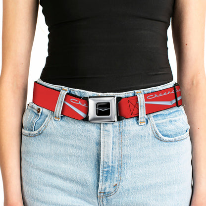1955-57 CHEVROLET V Emblem Full Color Black Silver Seatbelt Belt - 1955-57 CHEVROLET V Emblem Red/Silver Webbing