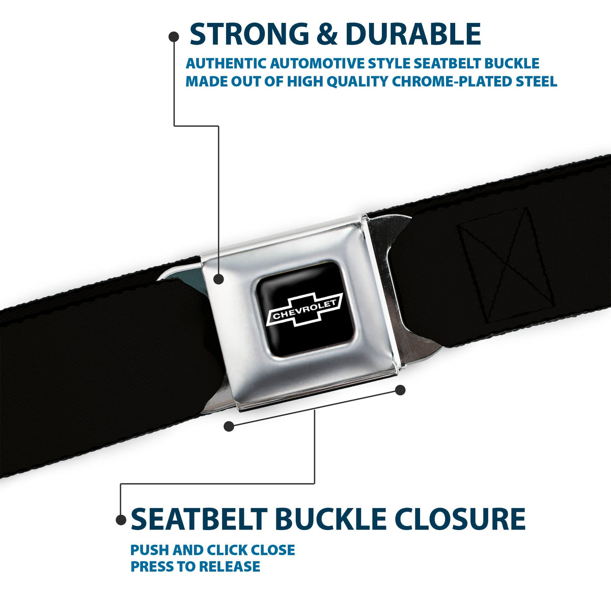1965 CHEVROLET Bowtie Full Color Black/White Seatbelt Belt - Black Panel Webbing