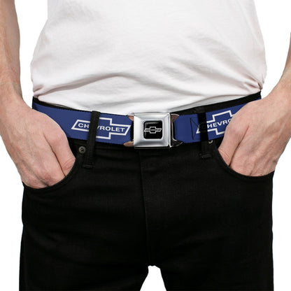 1965 CHEVROLET Bowtie Full Color Black White Seatbelt Belt - 1965 CHEVROLET Bowtie Blue/White Webbing